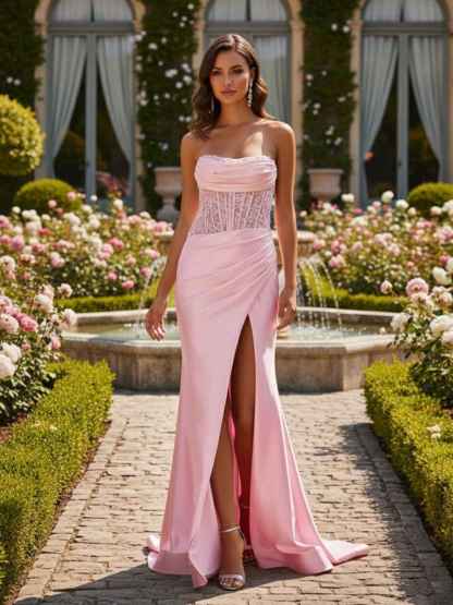 Strapless Bodycon Scoop Neck Satin Long Prom Dress with Slit