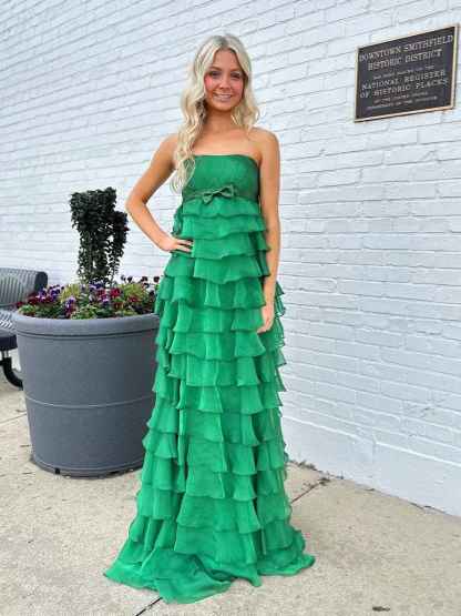Strapless Chiffon Tiered Ruffles Long Prom Dress