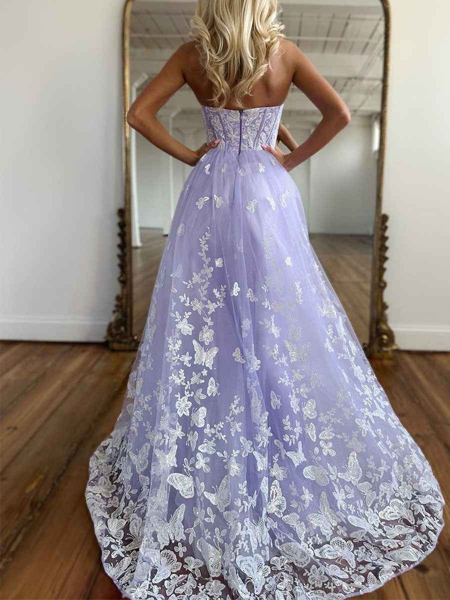 Strapless Corset Bodice Prom Dress with Butterfly Lace Applique|