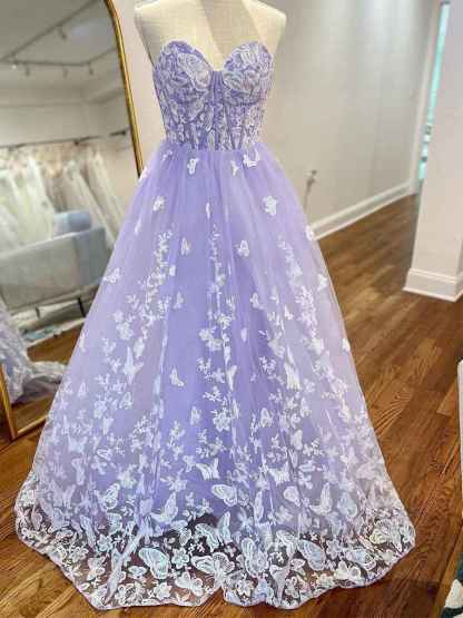 Strapless Corset Bodice Prom Dress with Butterfly Lace Applique|
