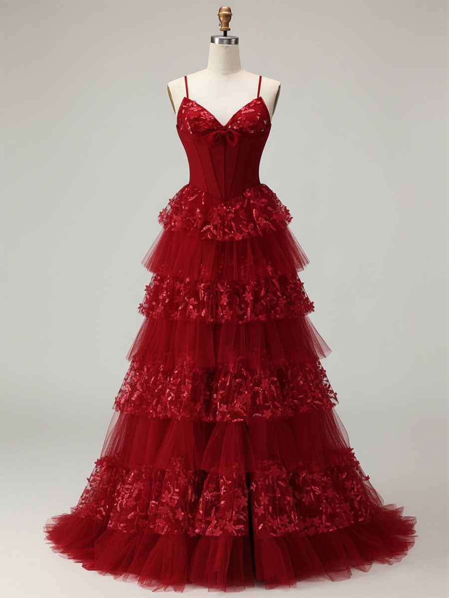 Red Corset Bodice Tiered Long Prom Dress with 3D Floral Applique|s