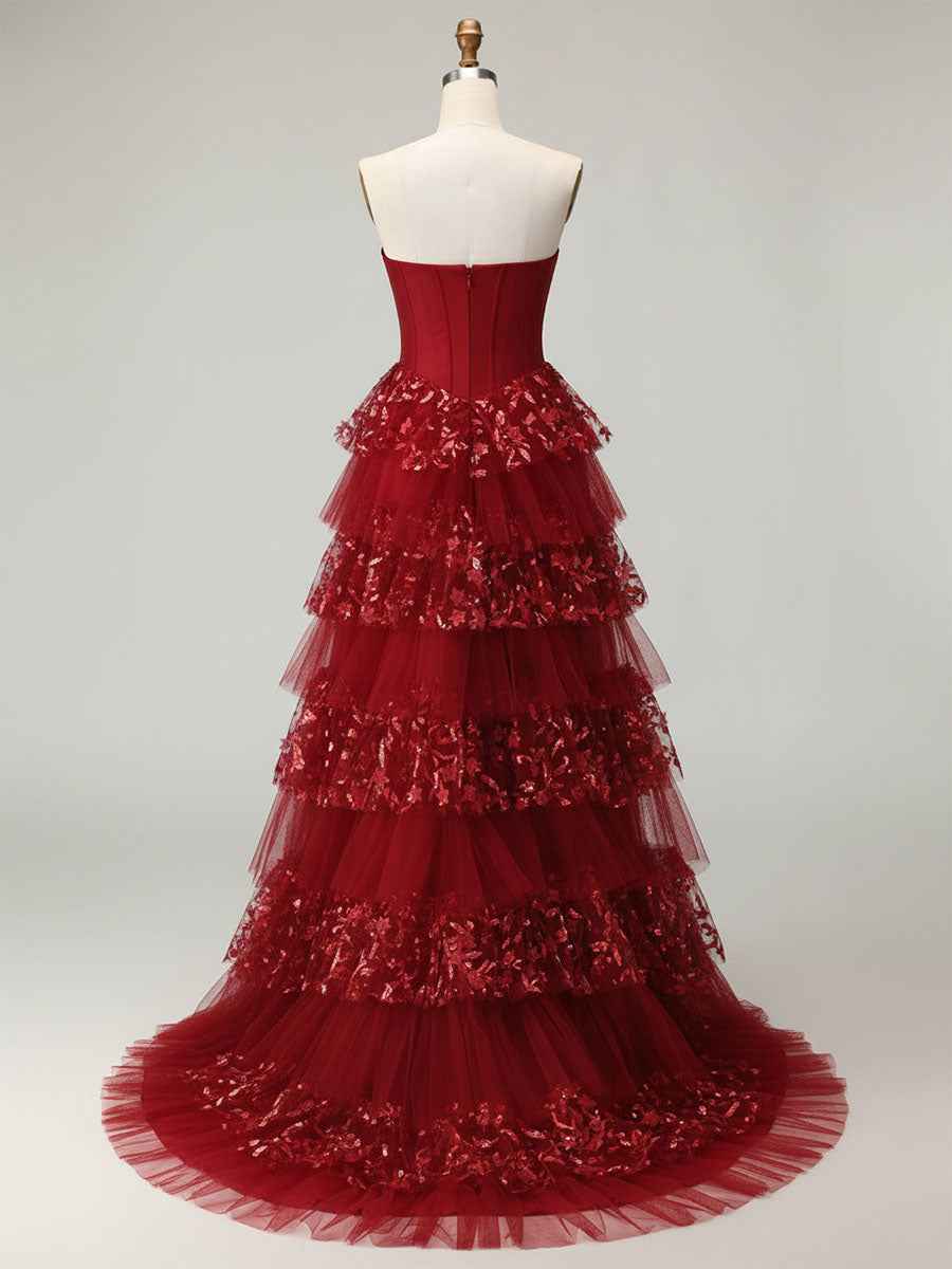 Red Corset Bodice Tiered Long Prom Dress with 3D Floral Applique|s