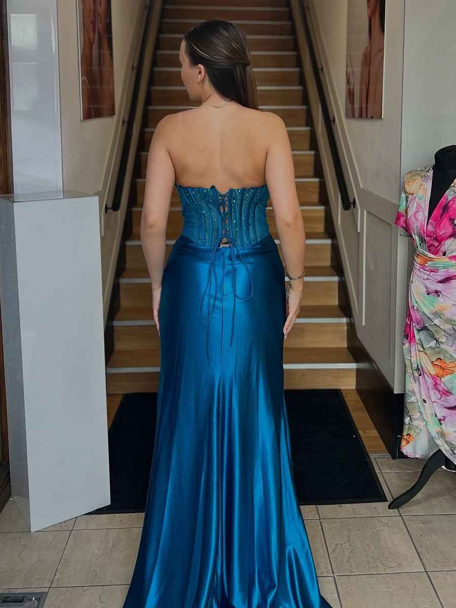 Strapless Corset Satin Long Prom Dress with High Slit