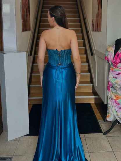 Strapless Corset Satin Long Prom Dress with High Slit