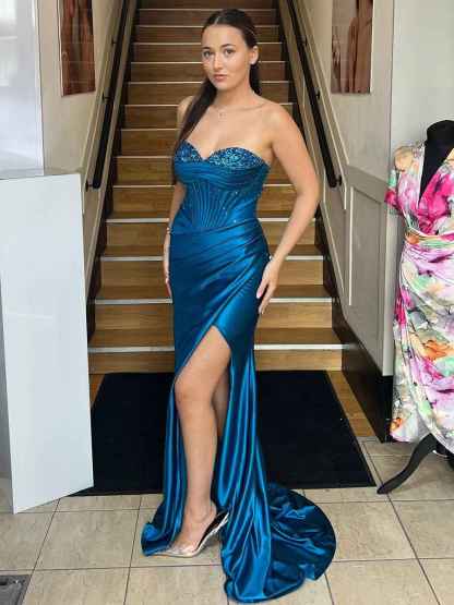 Strapless Corset Satin Long Prom Dress with High Slit