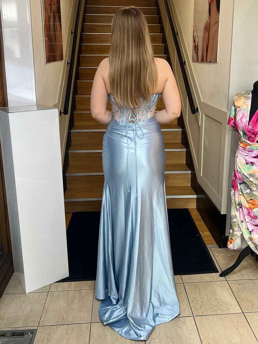 Strapless Corset Satin Long Prom Dress with High Slit