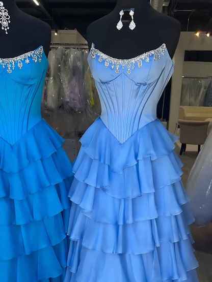 Strapless Crystal NecklineTiered Ruffle Satin Corset Prom Dress