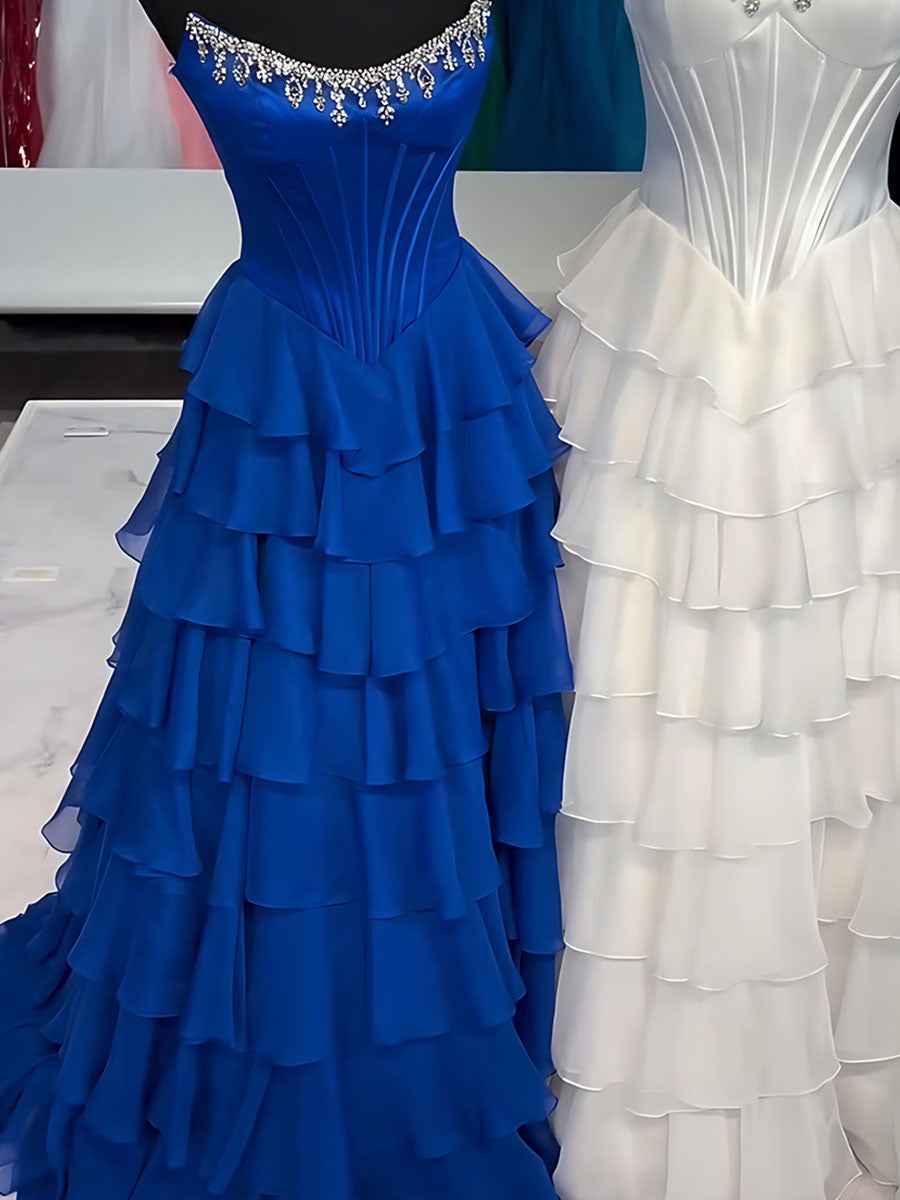 Strapless Crystal NecklineTiered Ruffle Satin Corset Prom Dress