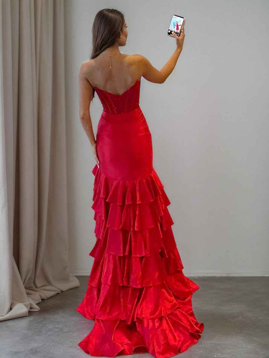 Strapless Crystal Ruffle Mermaid Long Prom Dress