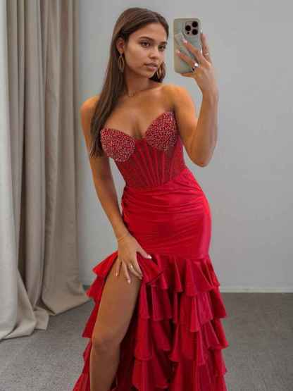 Strapless Crystal Ruffle Mermaid Long Prom Dress