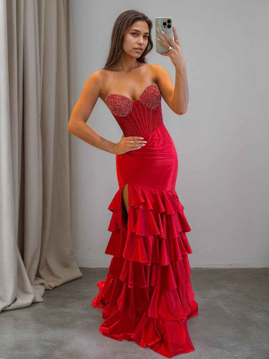 Strapless Crystal Ruffle Mermaid Long Prom Dress