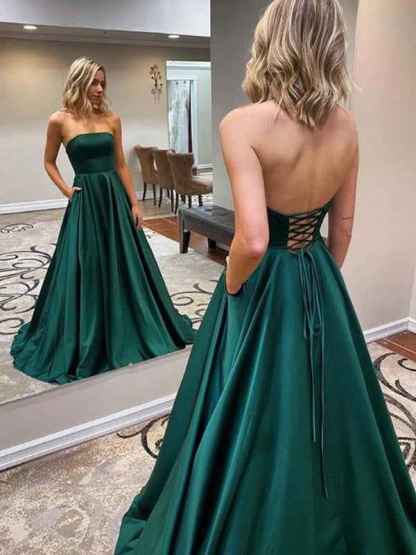Green A Line Strapless Satin Long Prom Dress