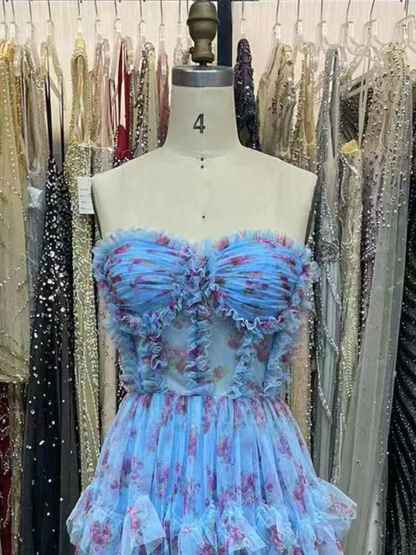 Strapless Floral Tulle Prom Dress with Tiered Ruffles