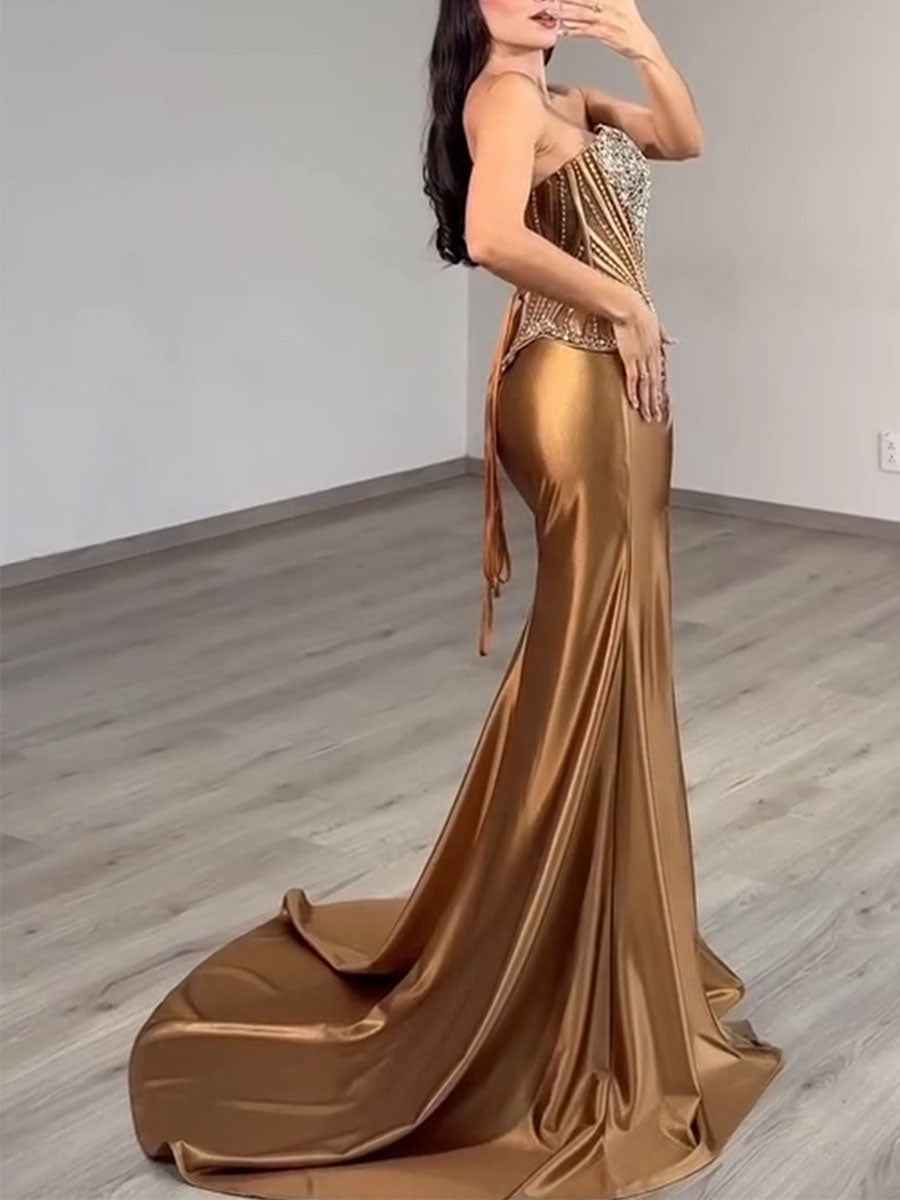 Strapless Heavy Crystal Corset Satin Prom Dress with Slit