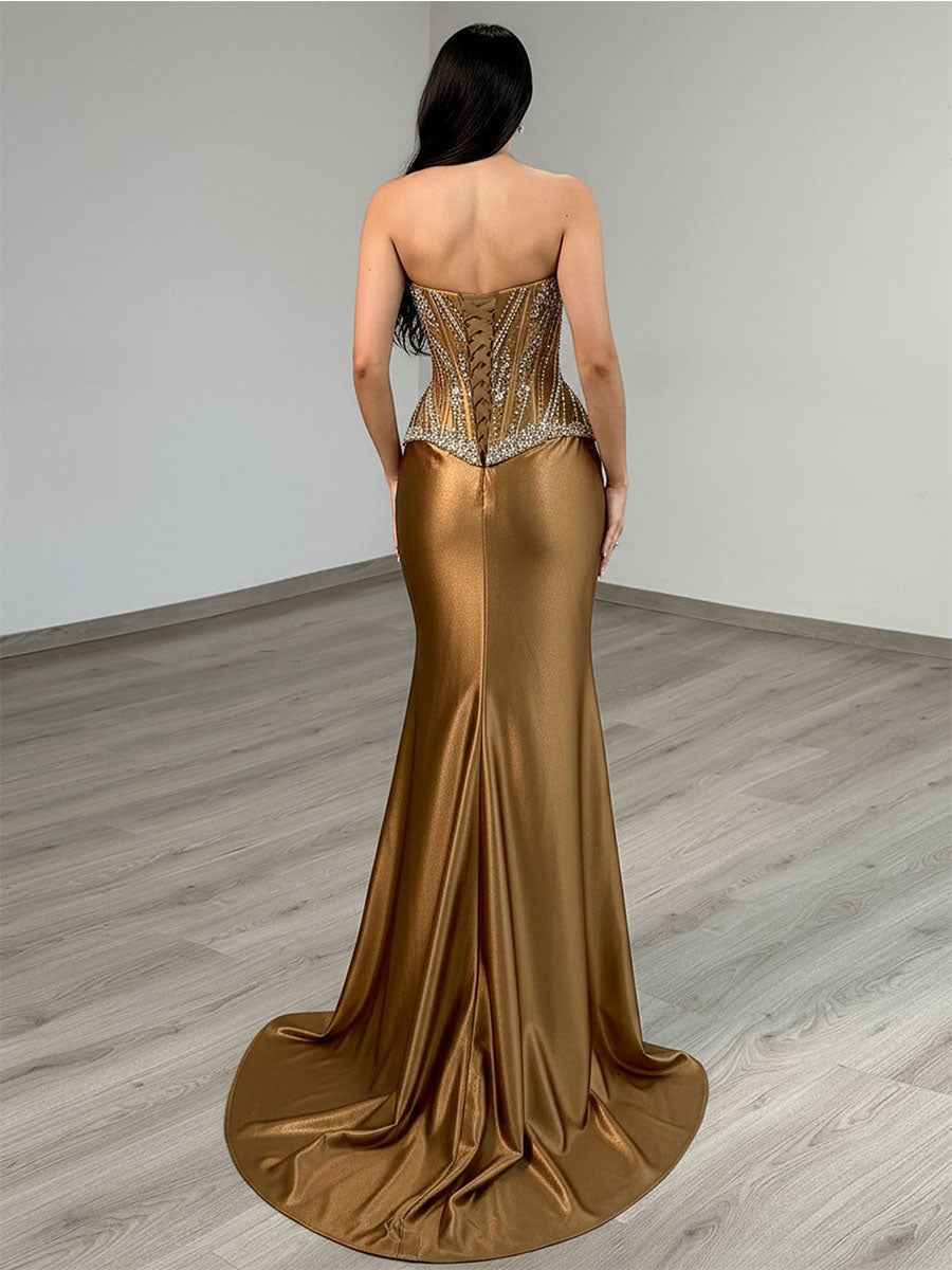 Strapless Heavy Crystal Corset Satin Prom Dress with Slit