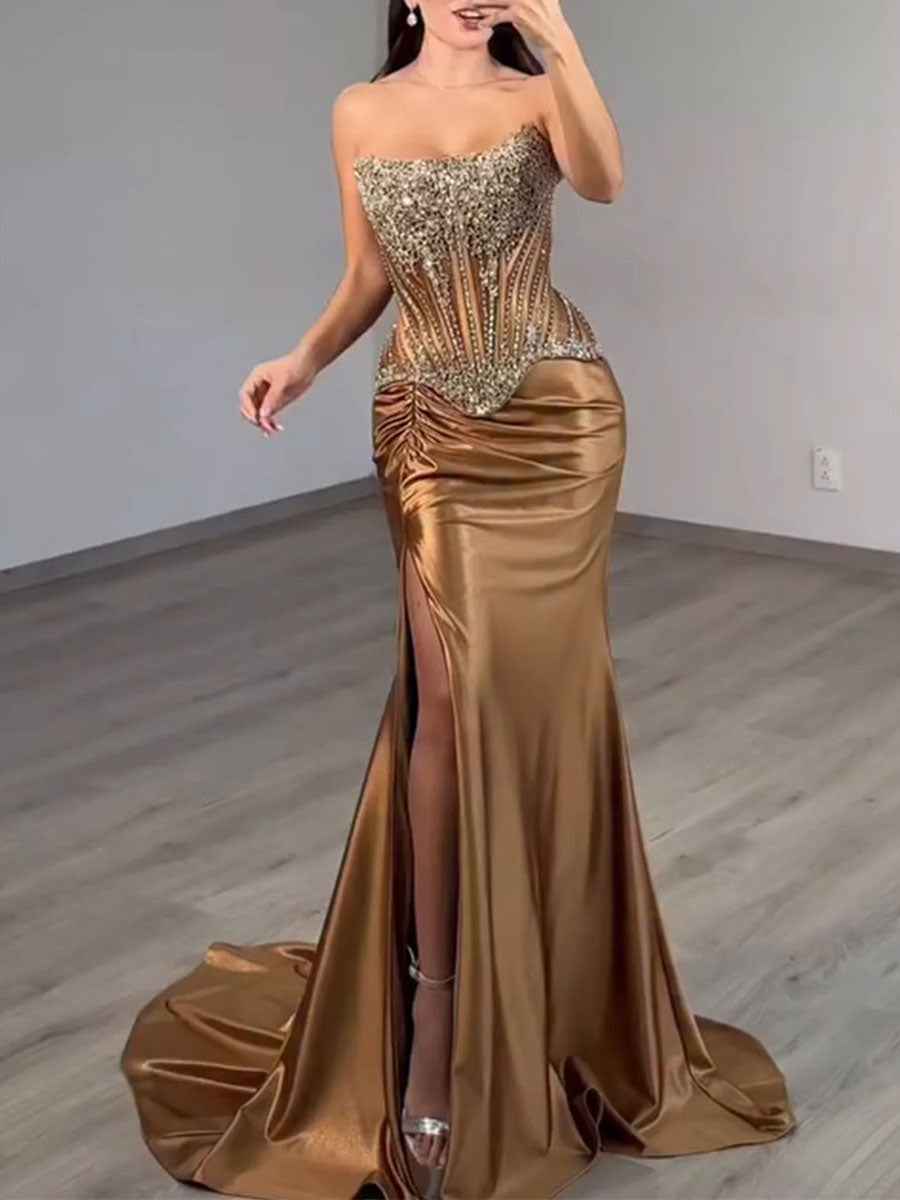 Strapless Heavy Crystal Corset Satin Prom Dress with Slit