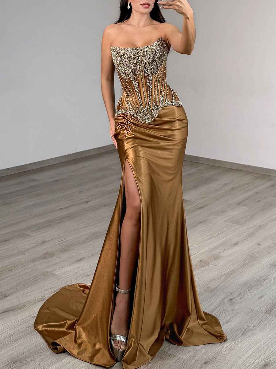 Strapless Heavy Crystal Corset Satin Prom Dress with Slit