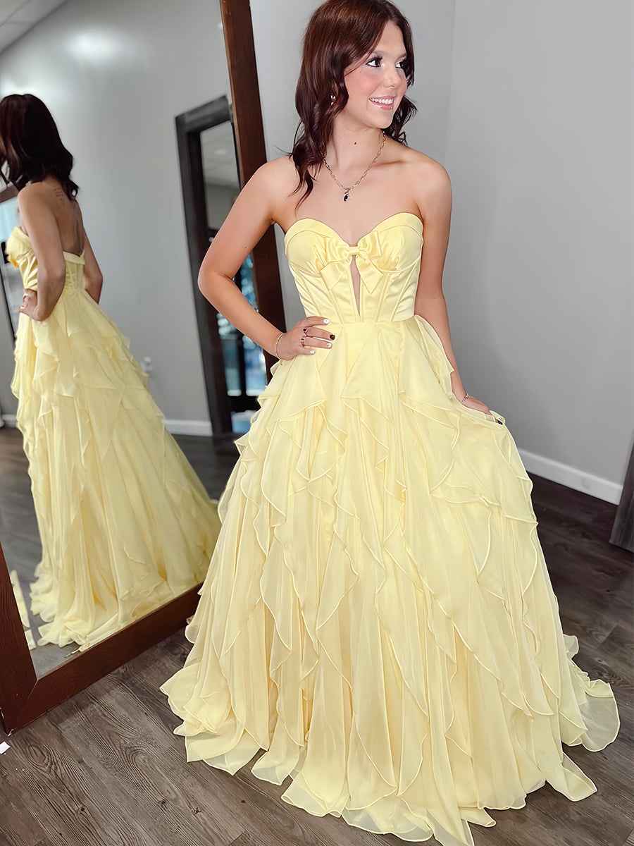 Strapless Keyhole Corset Prom Dress with Tiered Ruffles