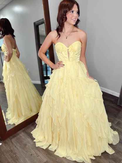 Strapless Keyhole Corset Prom Dress with Tiered Ruffles