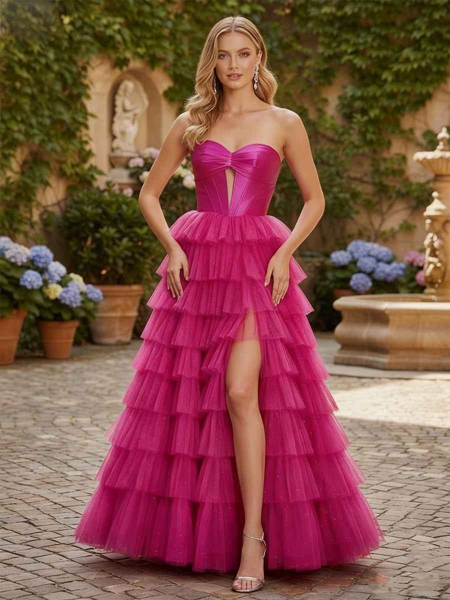 Strapless Keyhole Tiered Corset Glitter Prom Dress with Slit
