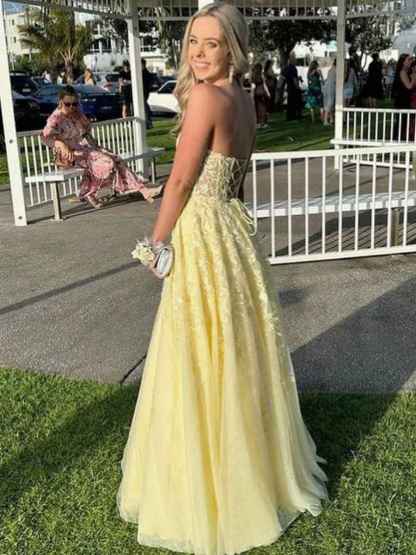 Strapless Lace Applique A-Line Empire-Waist Tulle Prom Dress