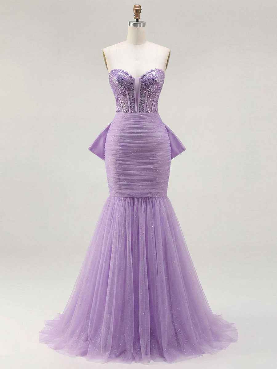 Red Strapless Mermaid Sequin Corset Ruched Long Prom Dress