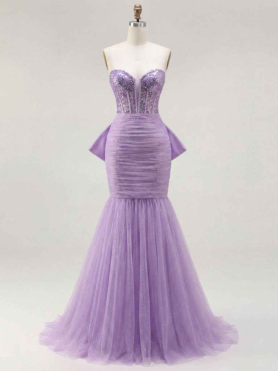 Red Strapless Mermaid Sequin Corset Ruched Long Prom Dress