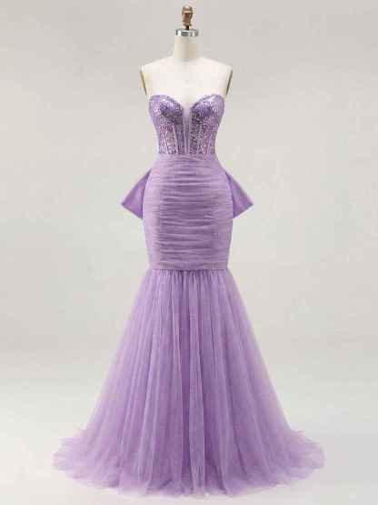 Red Strapless Mermaid Sequin Corset Ruched Long Prom Dress