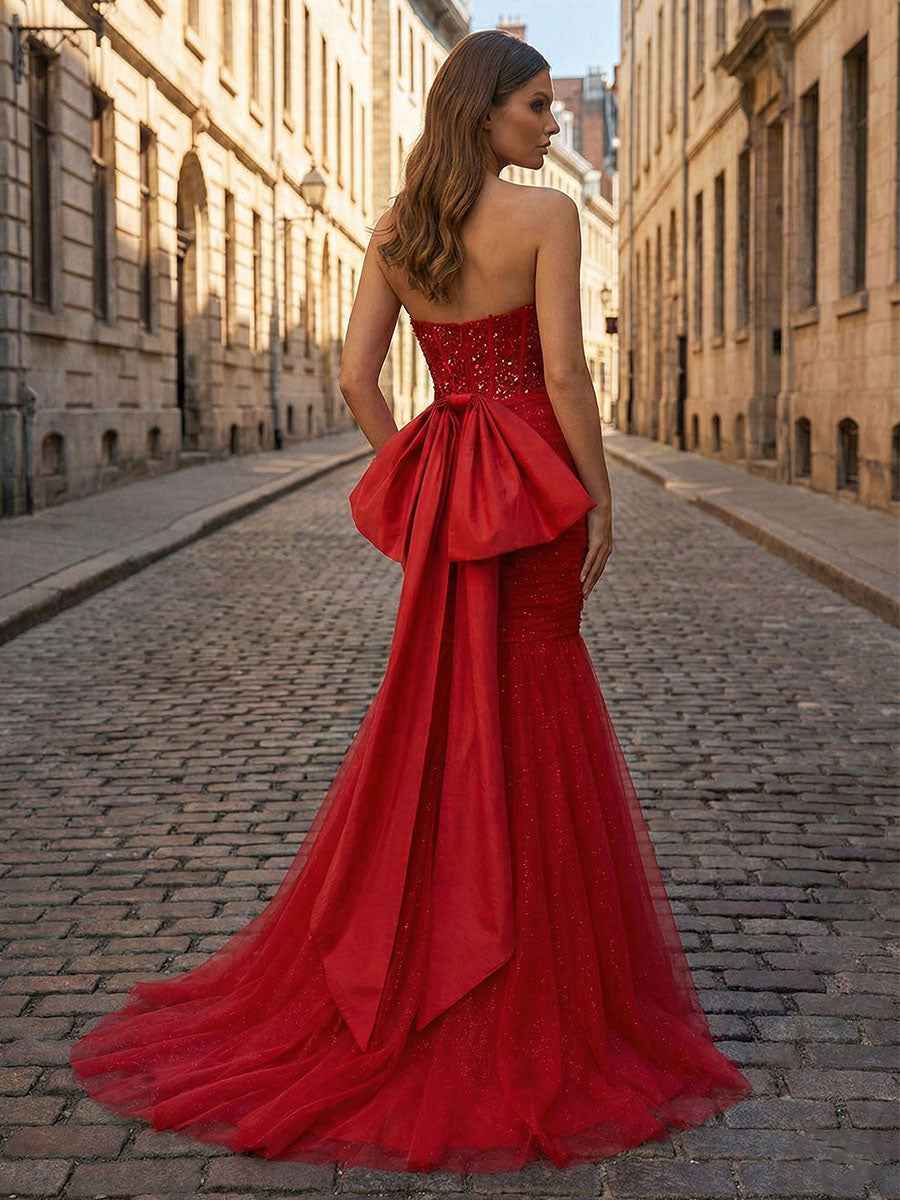 Red Strapless Mermaid Sequin Corset Ruched Long Prom Dress
