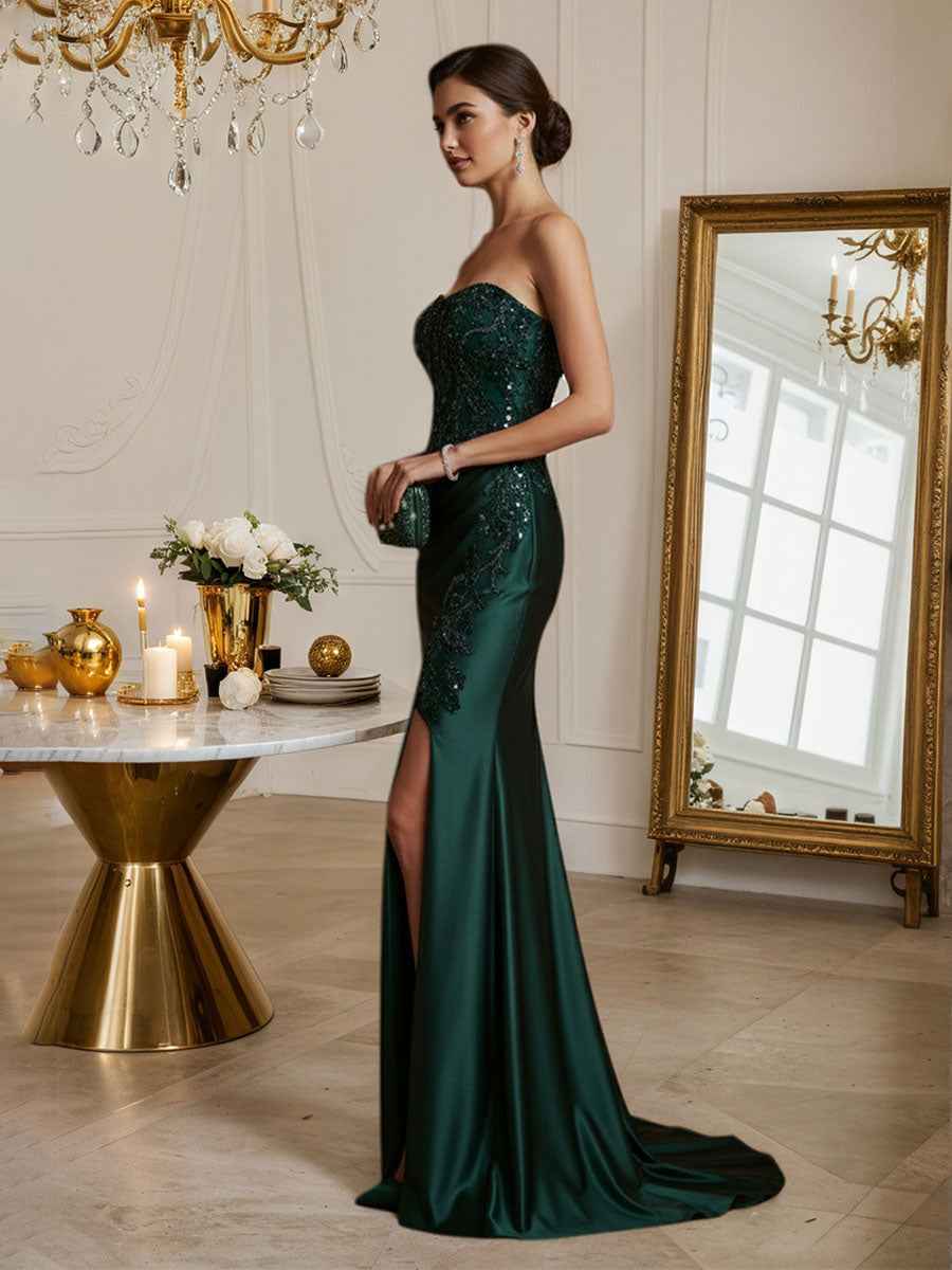 Strapless Mermaid Sequin Long Prom Dress with Slit