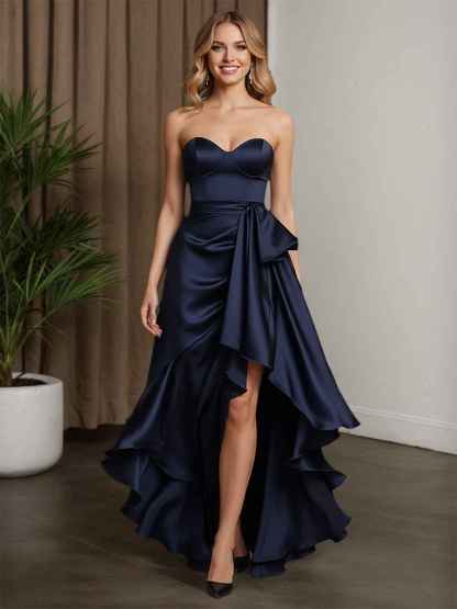 Strapless Navy Satin High-Low Ruffle Ball Gown