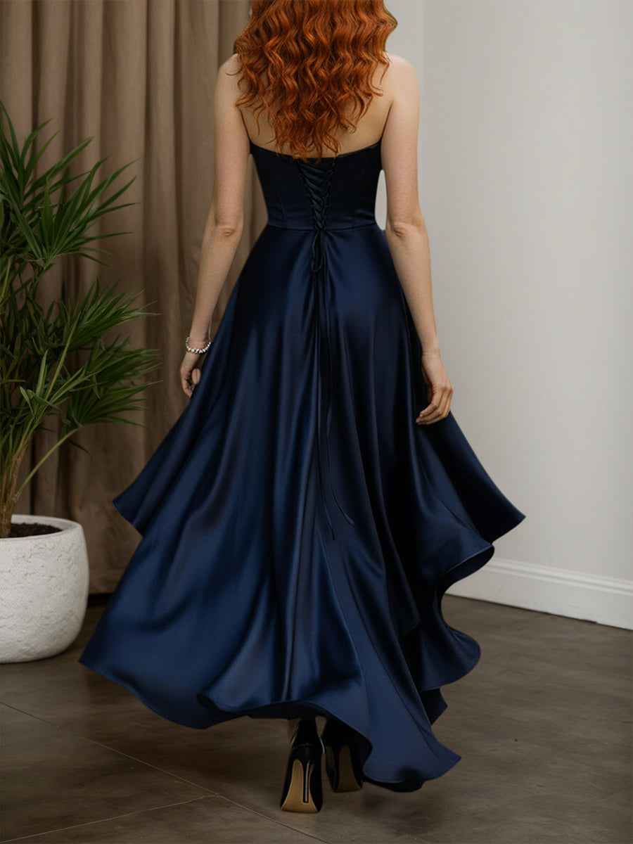 Strapless Navy Satin High-Low Ruffle Ball Gown