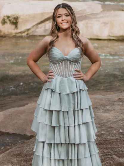 Strapless Pleated Corset Beaded Tiered Long Prom Dress