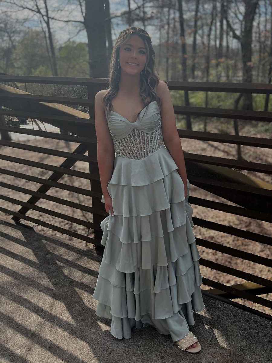 Strapless Pleated Corset Beaded Tiered Long Prom Dress