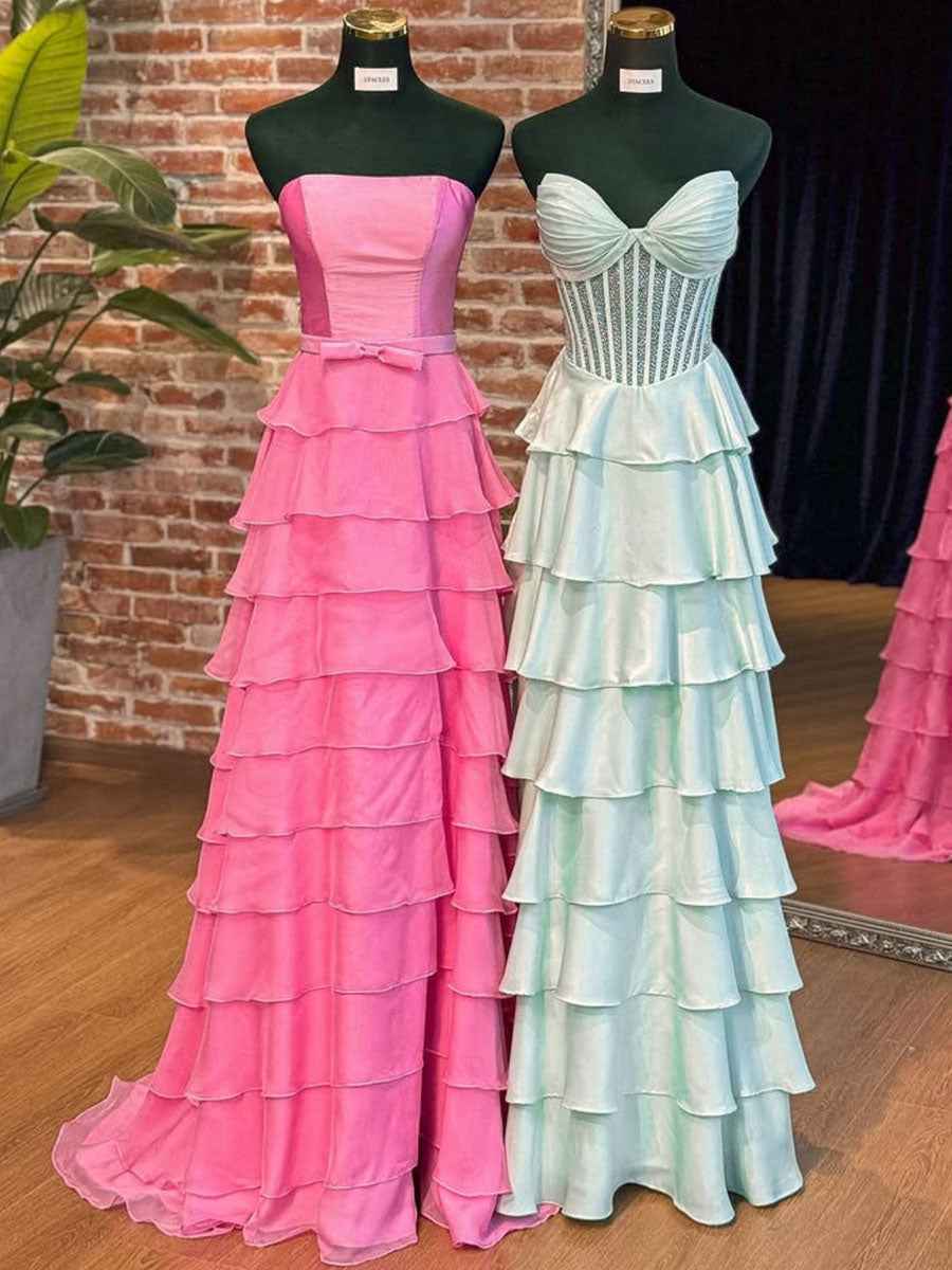Strapless Pleated Corset Beaded Tiered Long Prom Dress