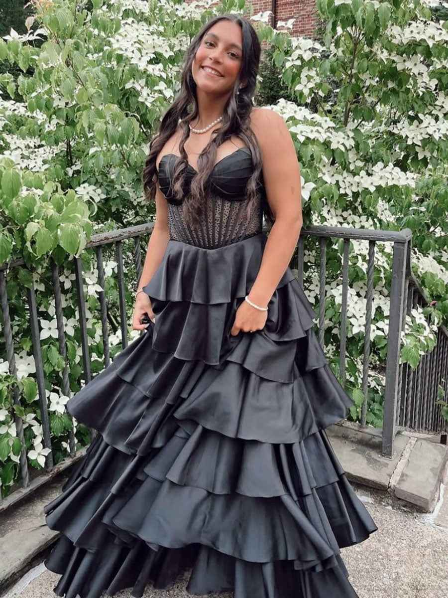 Strapless Pleated Corset Beaded Tiered Long Prom Dress