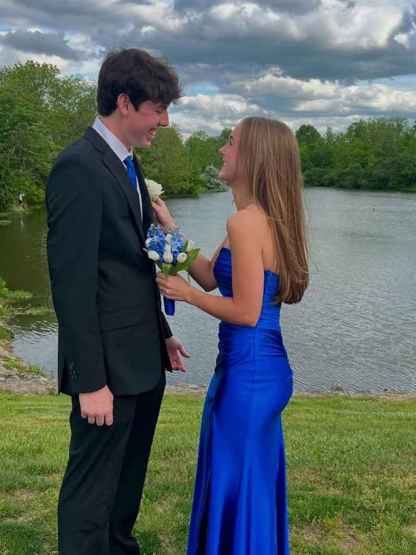 Strapless Pleated Satin Long Prom Dress with Slit