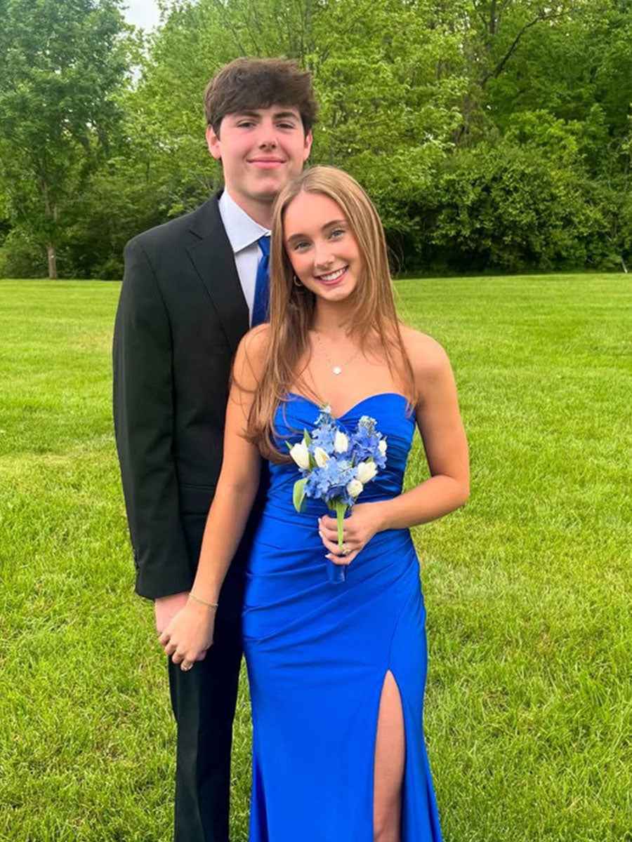 Strapless Pleated Satin Long Prom Dress with Slit