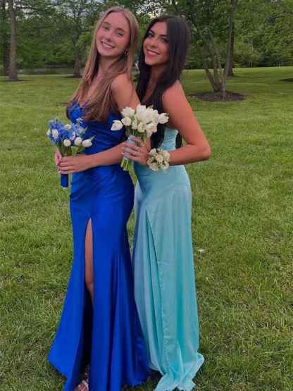 Strapless Pleated Satin Long Prom Dress with Slit