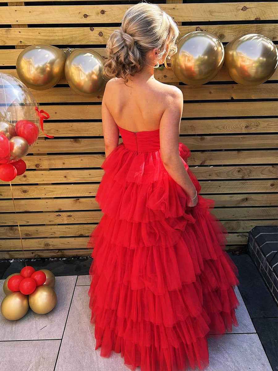 Strapless Red Cascading Tulle Ruffles Long Prom Dress