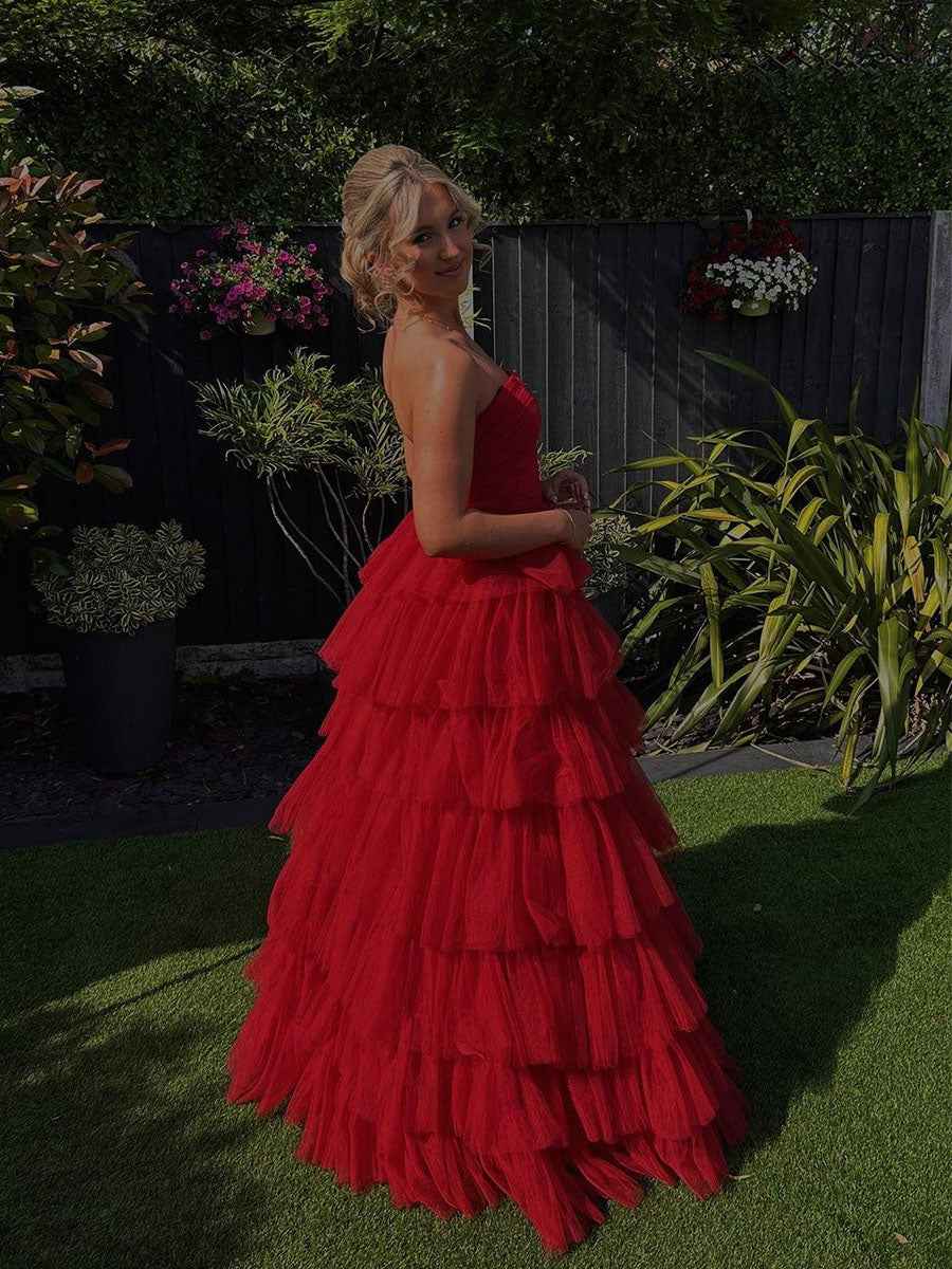 Strapless Red Cascading Tulle Ruffles Long Prom Dress