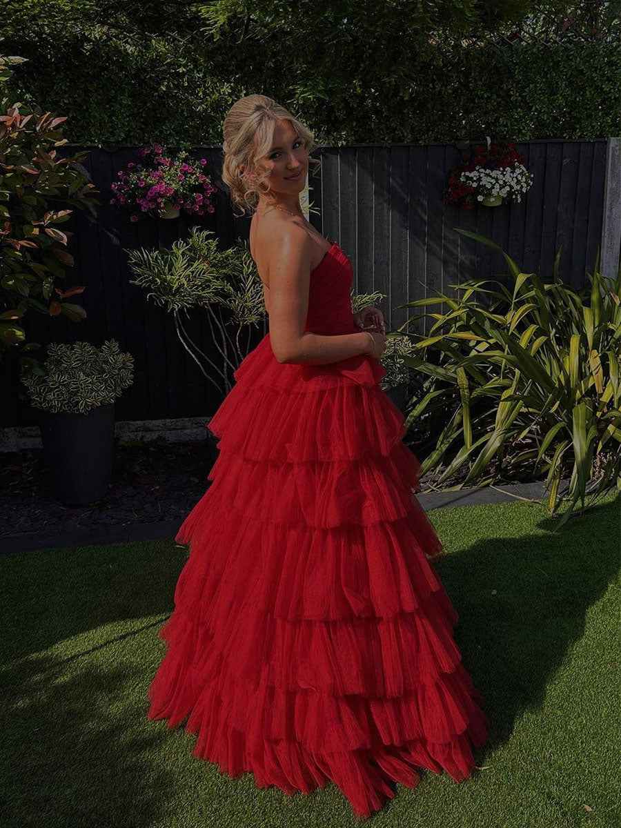 Strapless Red Cascading Tulle Ruffles Long Prom Dress