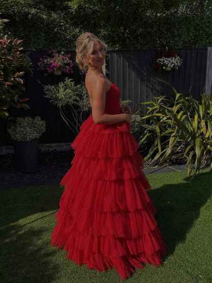 Strapless Red Cascading Tulle Ruffles Long Prom Dress