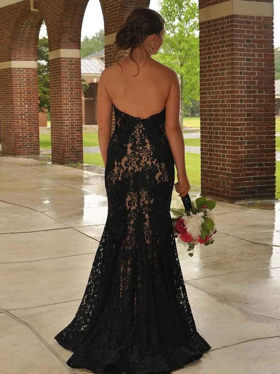 Strapless Red Lace Appliques Mermaid Long Prom Dress