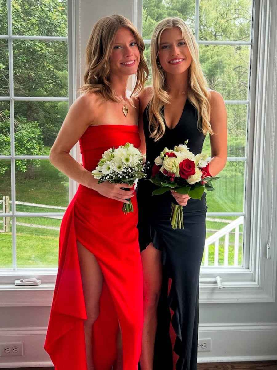 Strapless Ruched Long Prom Dress with Slit