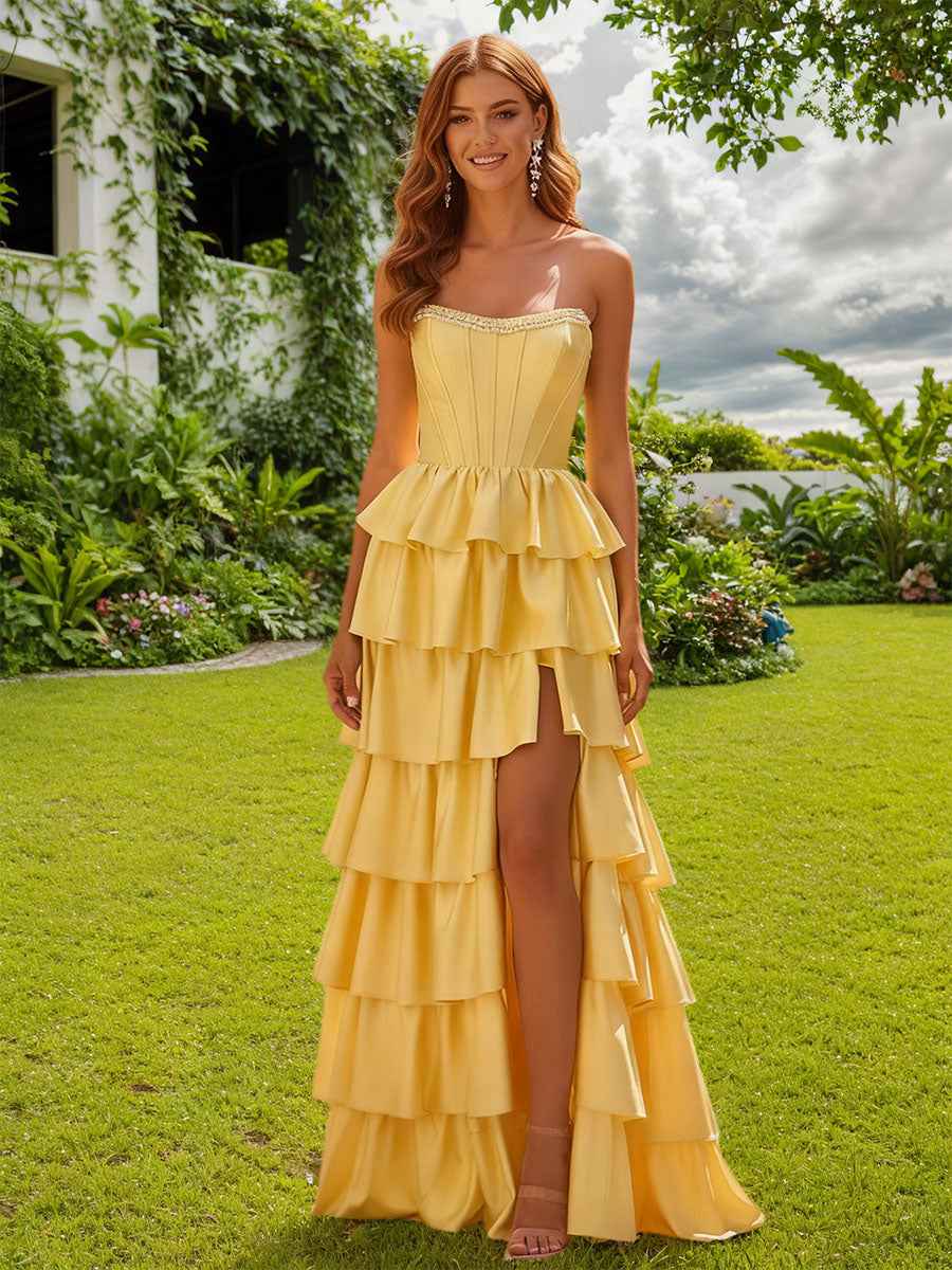 Strapless Satin Ruffle Tiered Beaded A Line Prom Dress with Slit