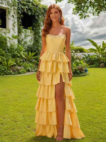 Strapless Satin Ruffle Tiered Beaded A Line Prom Dress with Slit