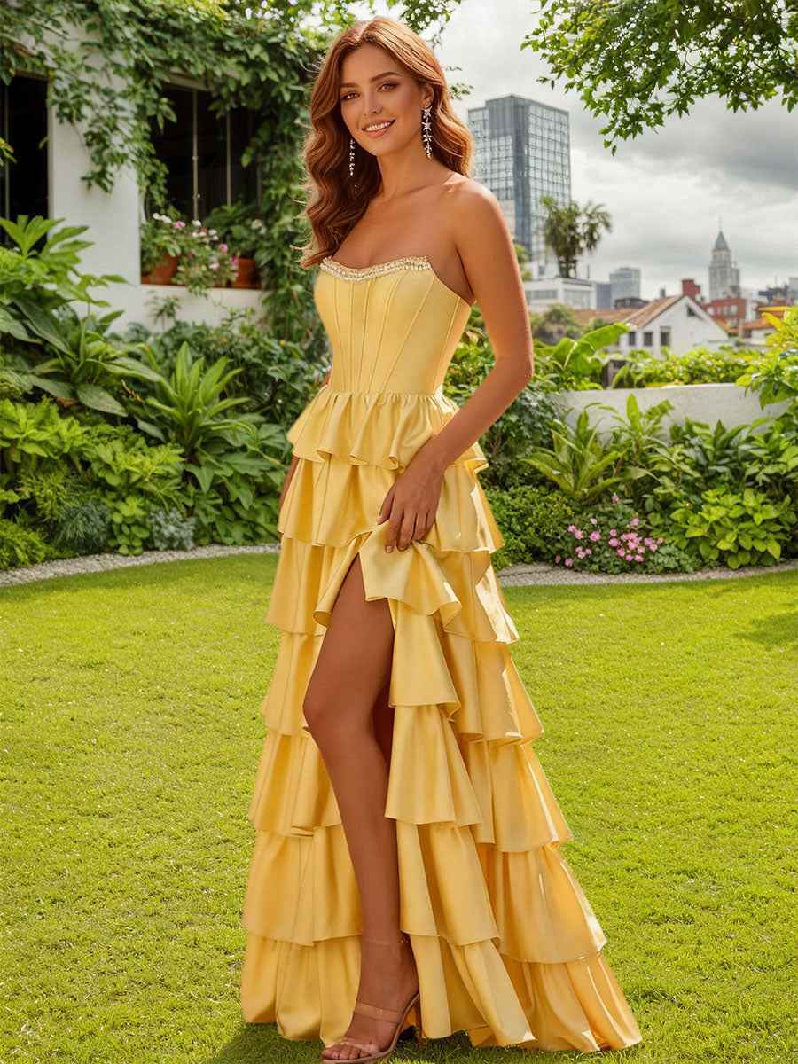 Strapless Satin Ruffle Tiered Beaded A Line Prom Dress with Slit