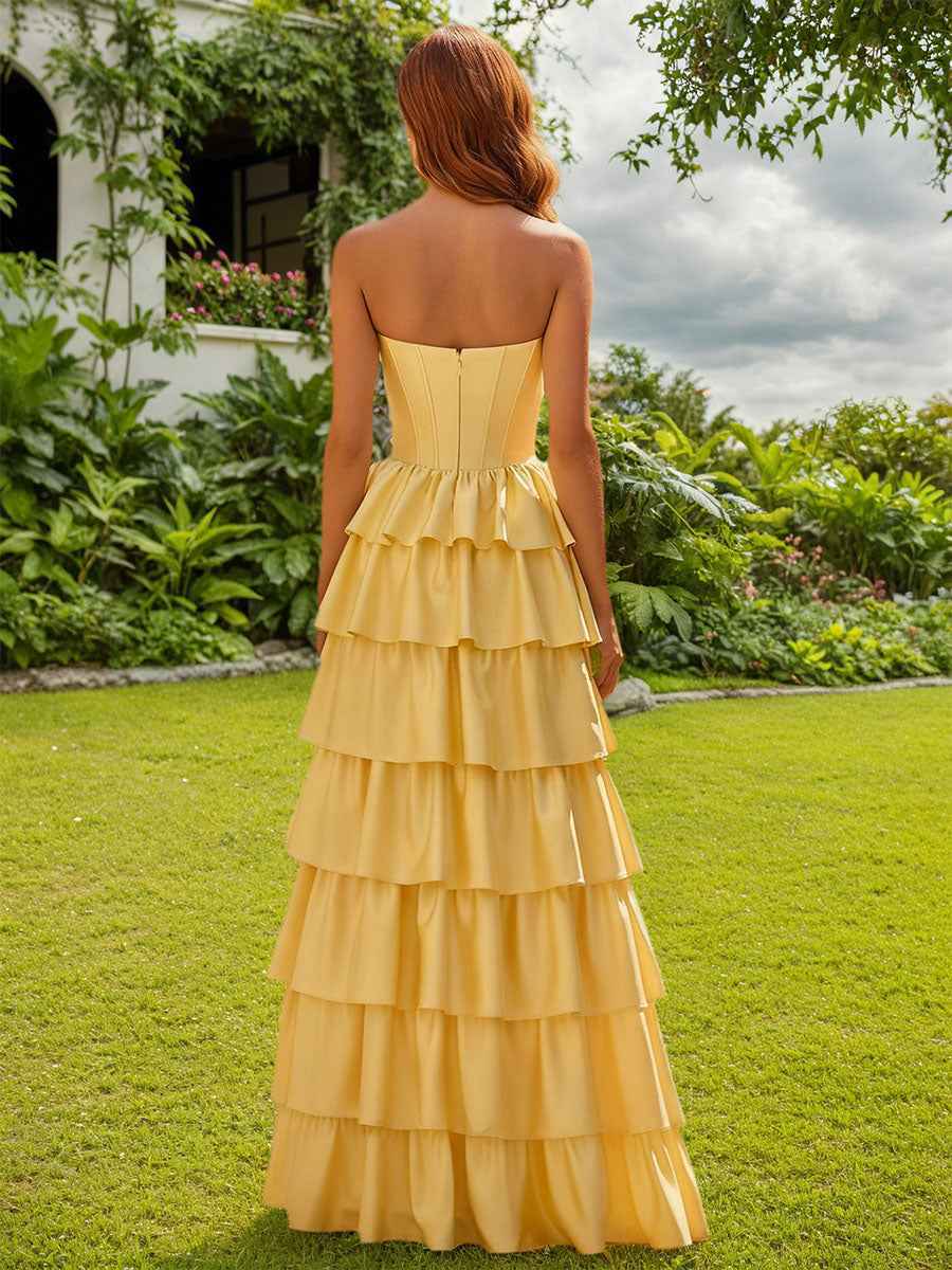 Strapless Satin Ruffle Tiered Beaded A Line Prom Dress with Slit