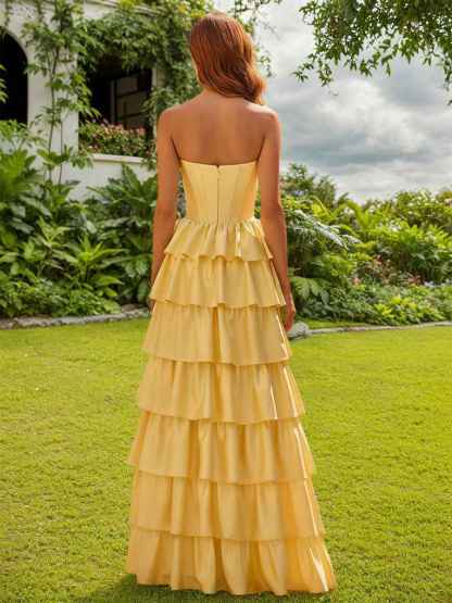 Strapless Satin Ruffle Tiered Beaded A Line Prom Dress with Slit